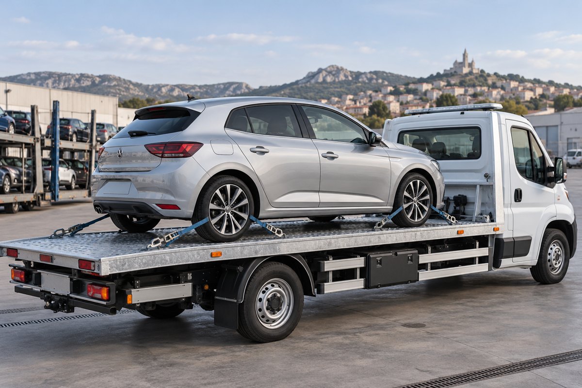 Voiture arrimée sur le plateau d’un camion de transport