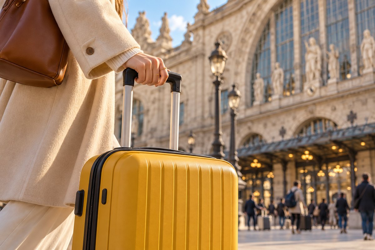 Voyageur avec une valise devant une gare parisienne
